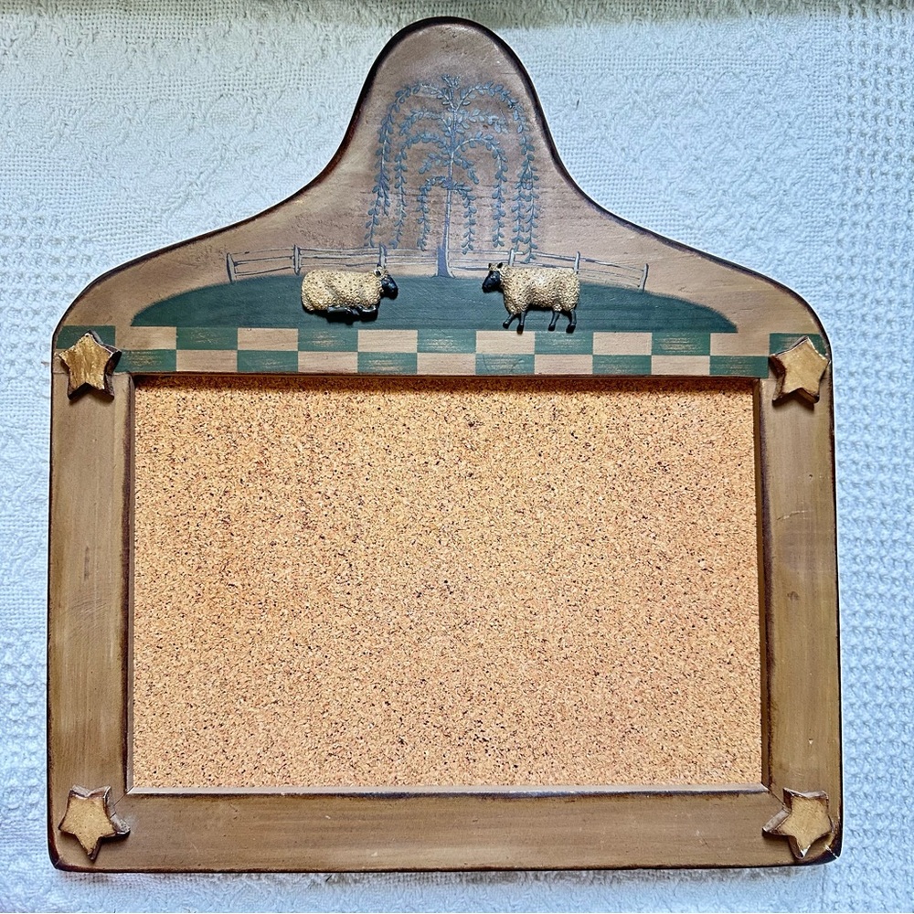 Rustic Farmhouse Decorative Cork Board With Willow Tree and Sheep Design